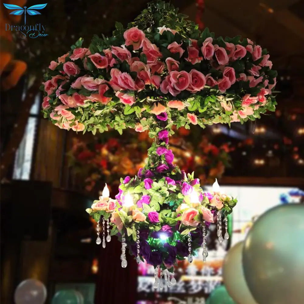 Simulation Flower Chandelier Theme Restaurant Wine Market Double Rose Crystal Chain Romantic