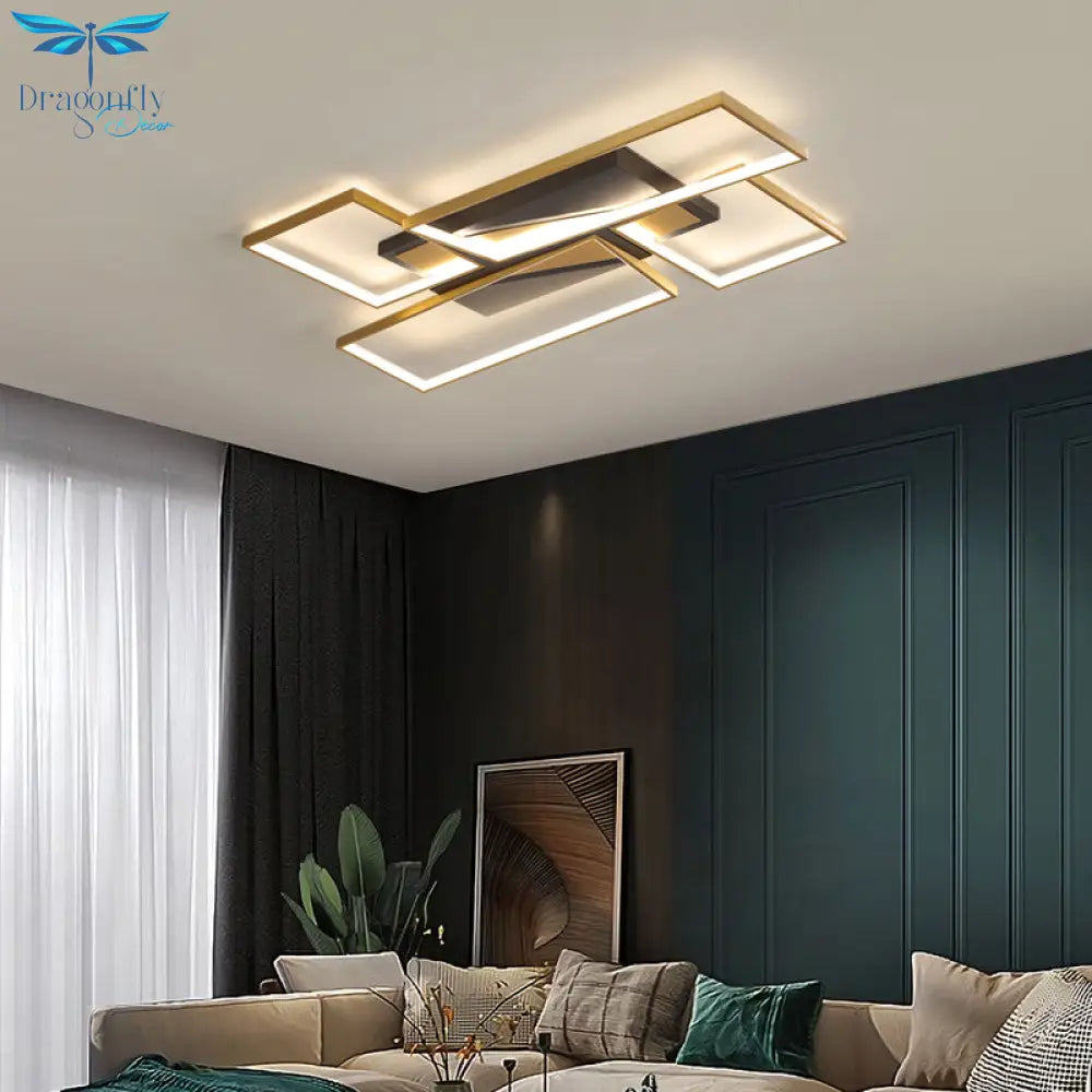 Sleek Living Room Shine: Simplistic Black - Gold Led Metal Rectangle Flush Mount Ceiling Lamp.