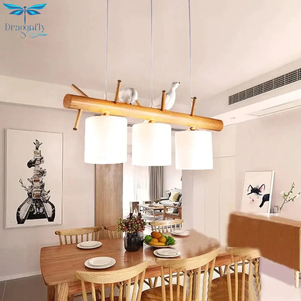 Solid Wood Chandelier Birds Simple Modern Restaurant Glass Lampshades Dining Room Bedroom Hanging
