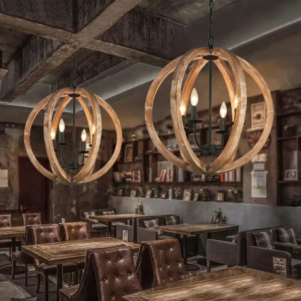 Sphere Chandelier Lamp Nordic Wood 4 Heads Beige Pendant Lighting Fixture For Restaurant