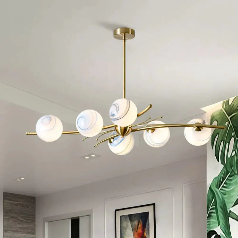 Spherical Frosted Glass Ceiling Light Modern 6 - Head Gold Chandelier Lamp For Dining Room