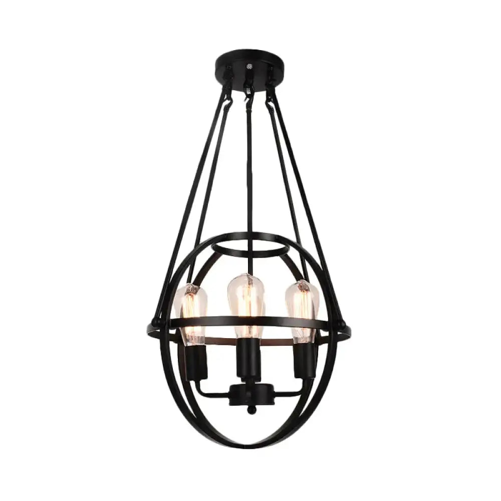 Spherical Metal Chandelier Light Traditional 3 Lights Dining Room Pendant Lighting In Black