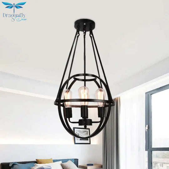 Spherical Metal Chandelier Light Traditional 3 Lights Dining Room Pendant Lighting In Black