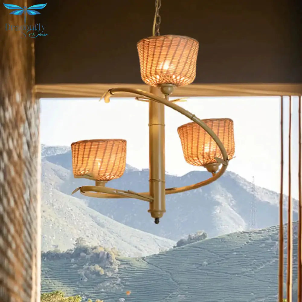 Spiral Bamboo Hanging Chandelier Asian 3 Bulbs Beige Up Ceiling Pendant Light With Bowl Rattan Shade