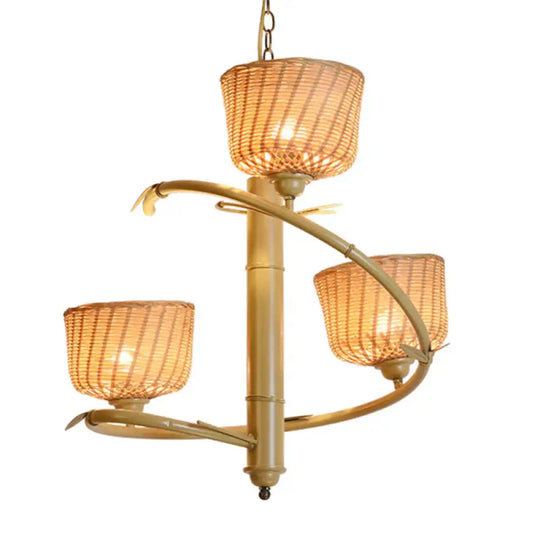 Spiral Bamboo Hanging Chandelier Asian 3 Bulbs Beige Up Ceiling Pendant Light With Bowl Rattan Shade
