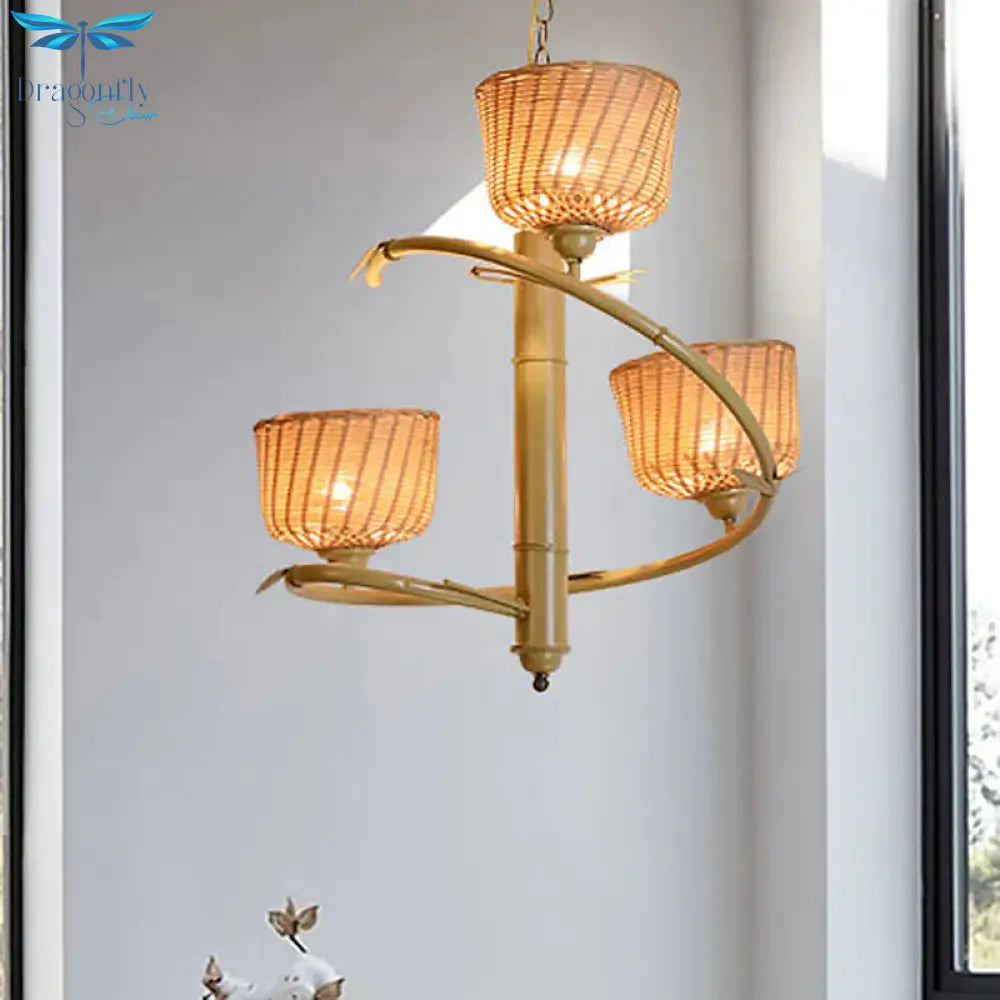 Spiral Bamboo Hanging Chandelier Asian 3 Bulbs Beige Up Ceiling Pendant Light With Bowl Rattan Shade