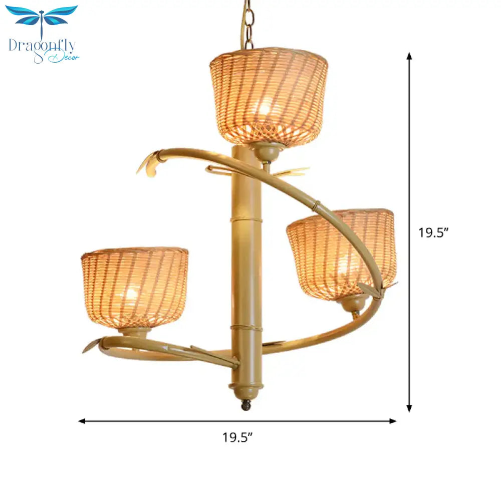 Spiral Bamboo Hanging Chandelier Asian 3 Bulbs Beige Up Ceiling Pendant Light With Bowl Rattan Shade