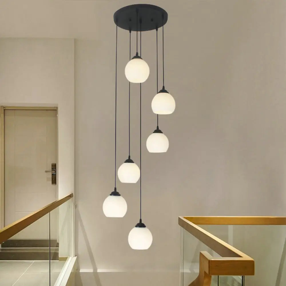 Spiral Milky Glass Multi Pendant Simple Hanging Ceiling Light In Black For Stairs 6 / White A