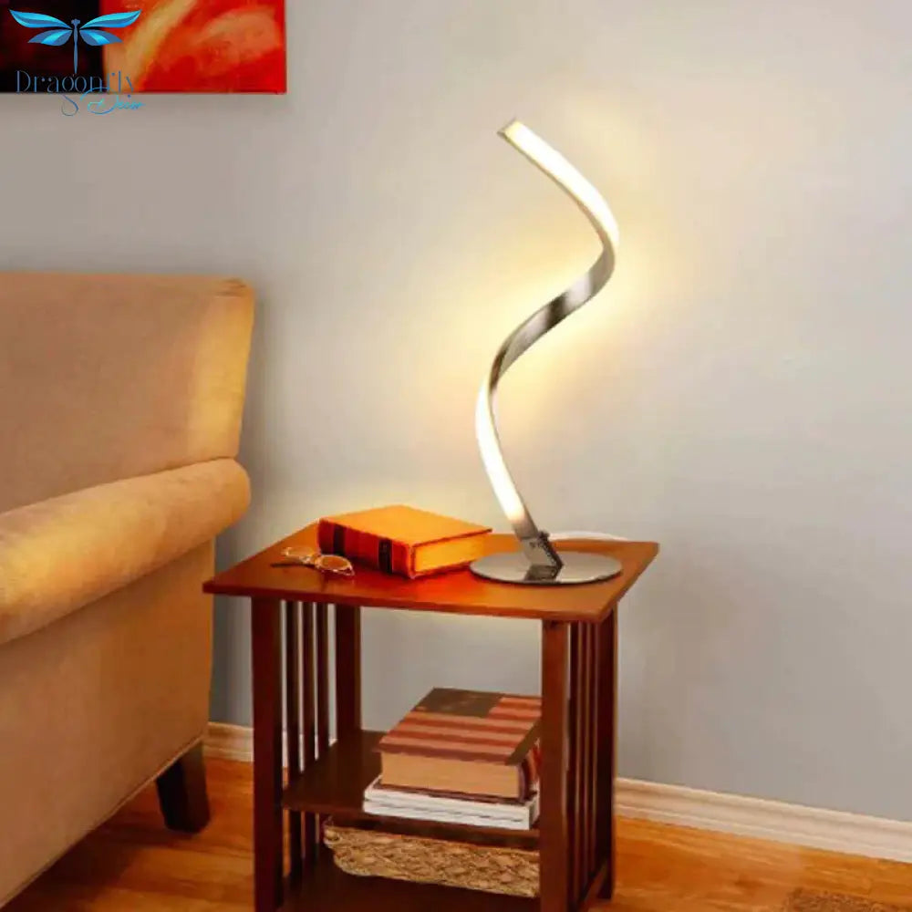 Spiral Shaped Metal Table Lighting Minimalist Single Bulb Silver Led Nightstand Lamp