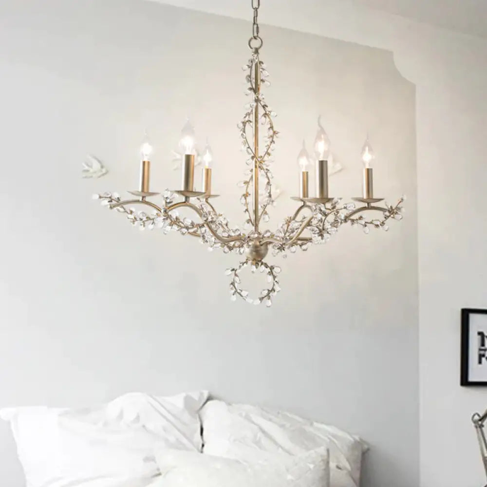 Spur Chandelier Light Contemporary Metal 6 Heads Brass Hanging Lamp Kit With Crystal Leaf