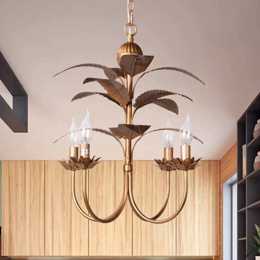 Spur Pendant Chandelier Traditional Metal 4 Bulbs Brass Hanging Ceiling Light With Leaves