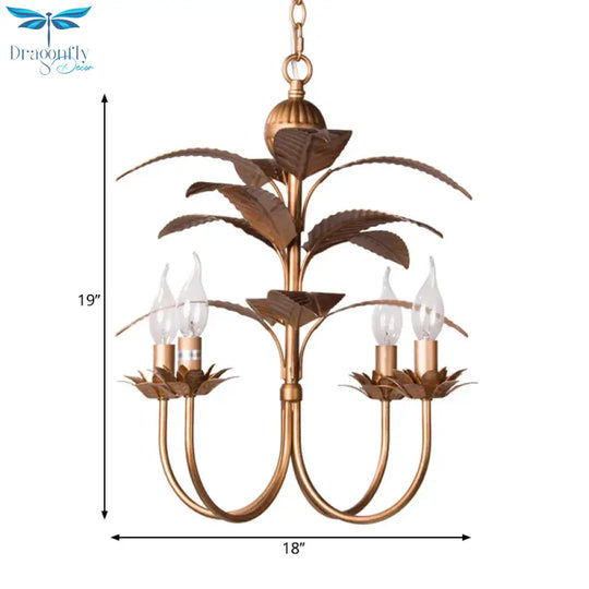 Spur Pendant Chandelier Traditional Metal 4 Bulbs Brass Hanging Ceiling Light With Leaves