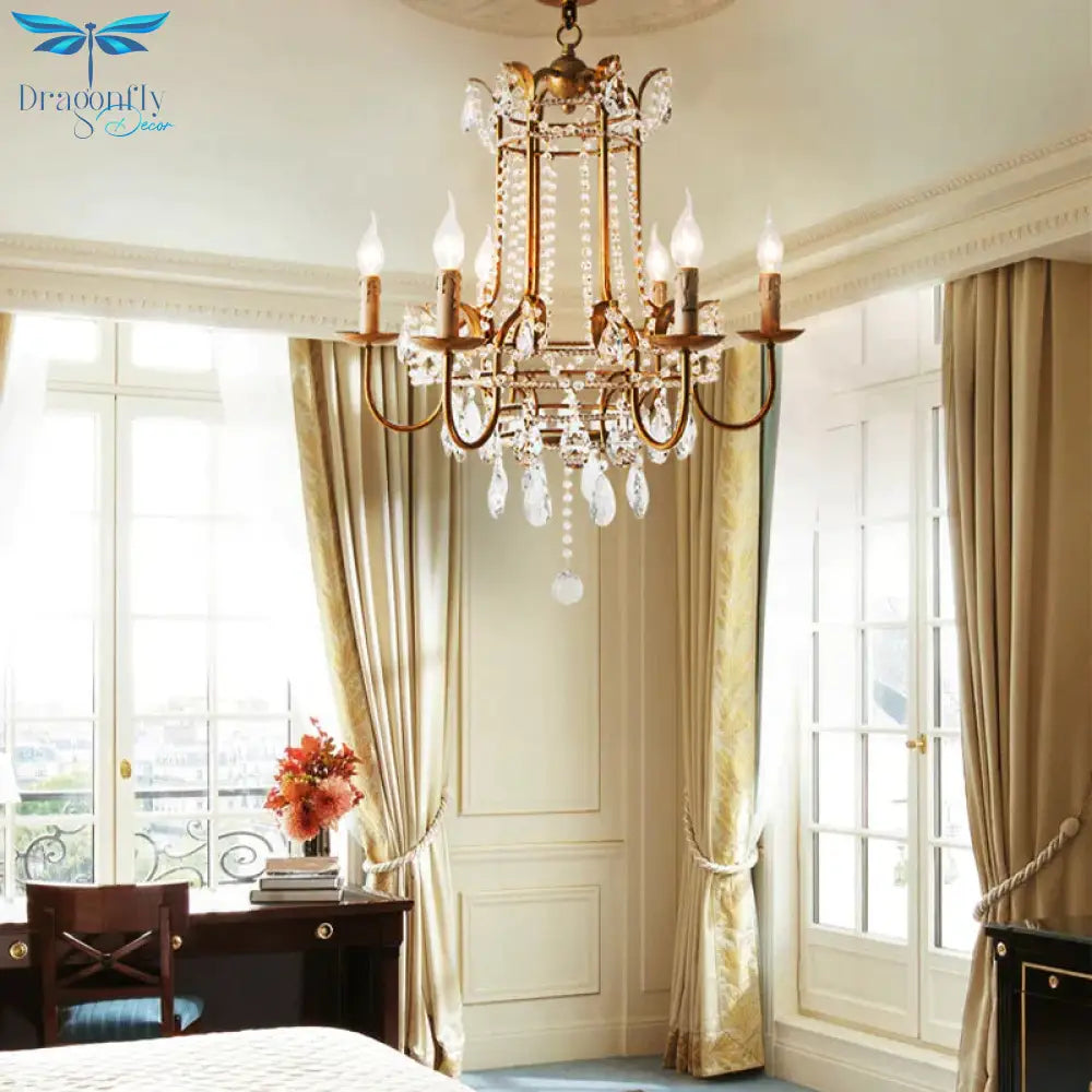 Spur Pendant Chandelier Traditional Metal 6 Bulbs Gold Hanging Ceiling Light With Crystal Drop