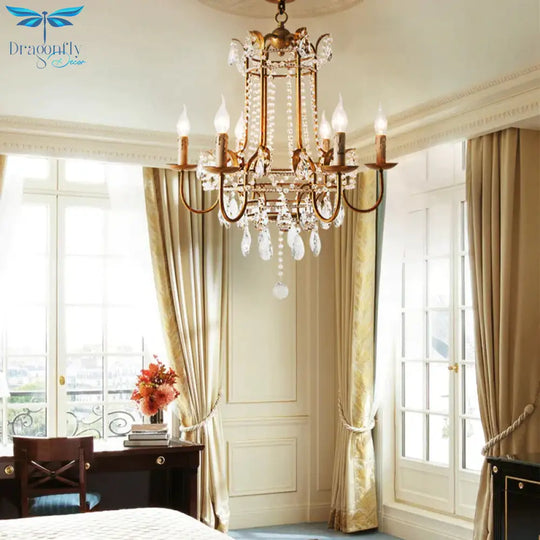 Spur Pendant Chandelier Traditional Metal 6 Bulbs Gold Hanging Ceiling Light With Crystal Drop