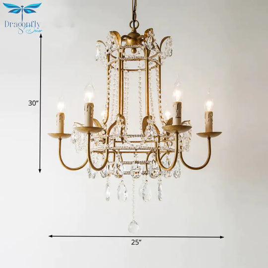 Spur Pendant Chandelier Traditional Metal 6 Bulbs Gold Hanging Ceiling Light With Crystal Drop