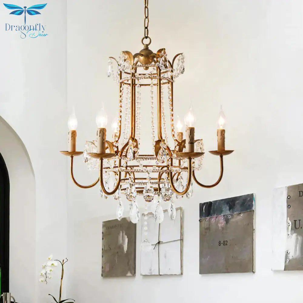 Spur Pendant Chandelier Traditional Metal 6 Bulbs Gold Hanging Ceiling Light With Crystal Drop