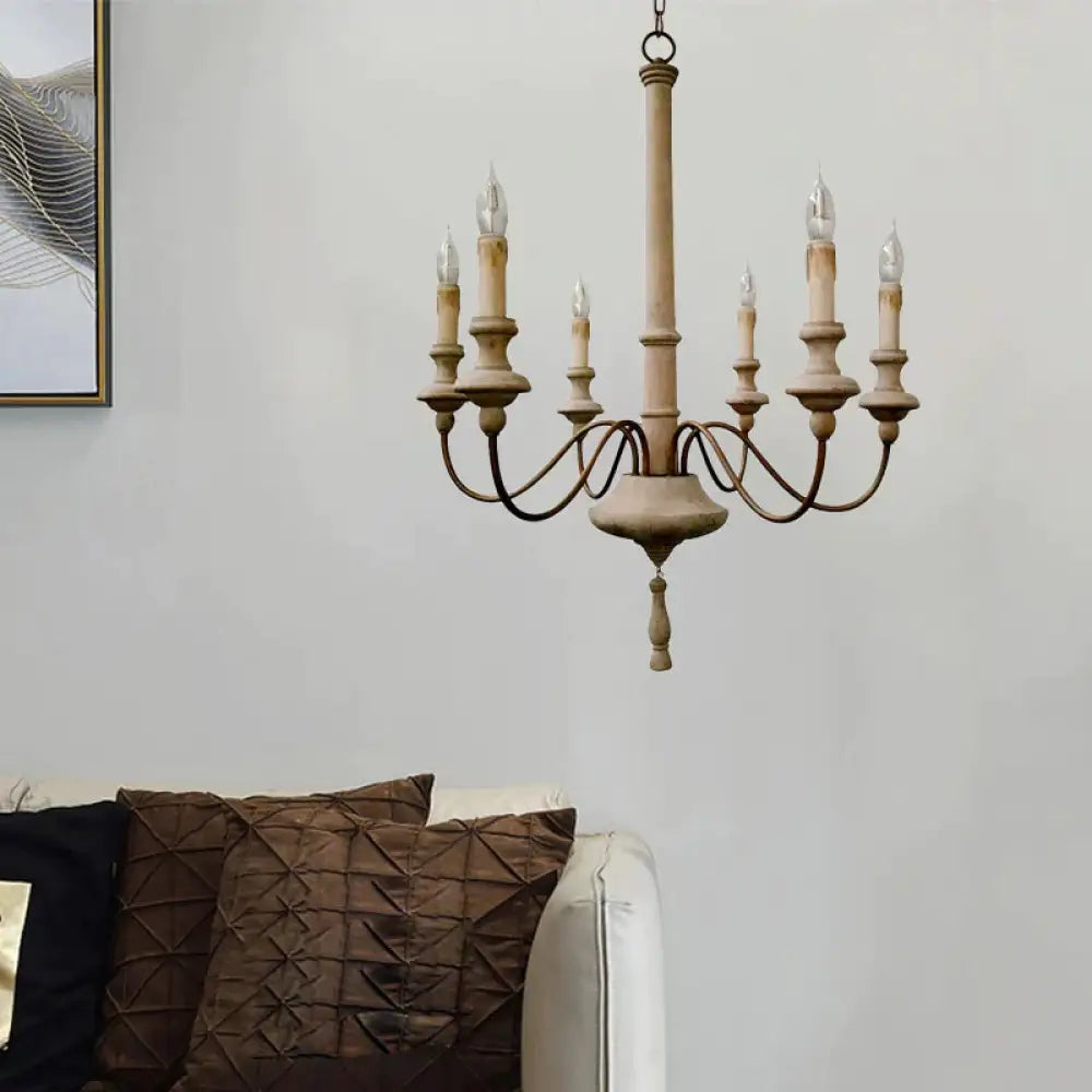 Sputnik Chandelier Lighting Retro Wood Gray - White 6 Bulbs Hanging Ceiling Light With Curved Arm