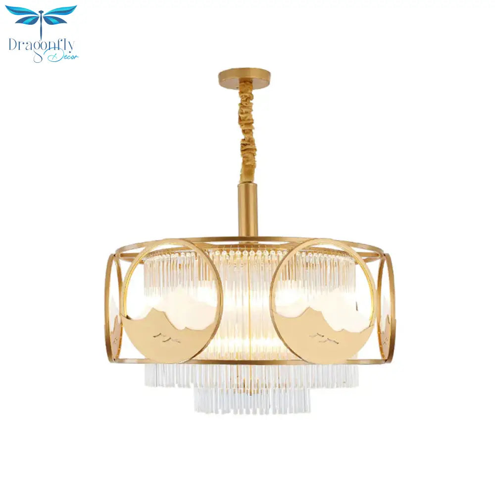 Square/Round Crystal Rods Drop Lamp Traditional 8 Lights Sitting Room Chandelier With Gold Frame