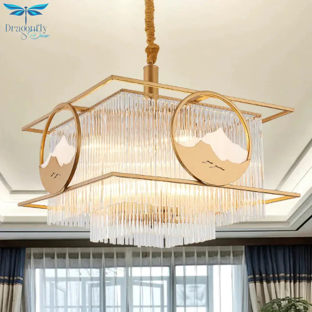Square/Round Crystal Rods Drop Lamp Traditional 8 Lights Sitting Room Chandelier With Gold Frame