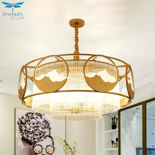 Square/Round Crystal Rods Drop Lamp Traditional 8 Lights Sitting Room Chandelier With Gold Frame
