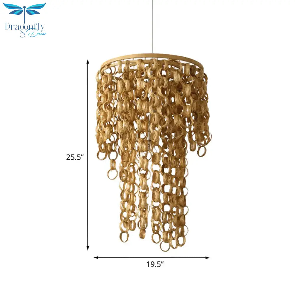 Square/Round Hanging Light With Waterfall Design Asia Bamboo Rattan 2 - Bulb Beige Chandelier