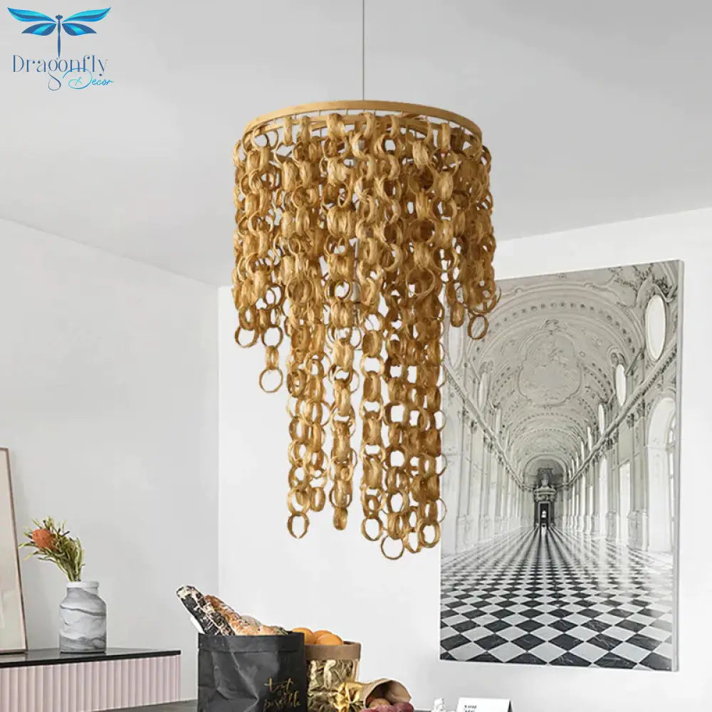 Square/Round Hanging Light With Waterfall Design Asia Bamboo Rattan 2 - Bulb Beige Chandelier