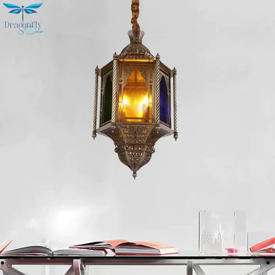 Stained Glass Brass Chandelier Lamp Lantern 3 - Head Ceiling Pendant Light For Restaurant