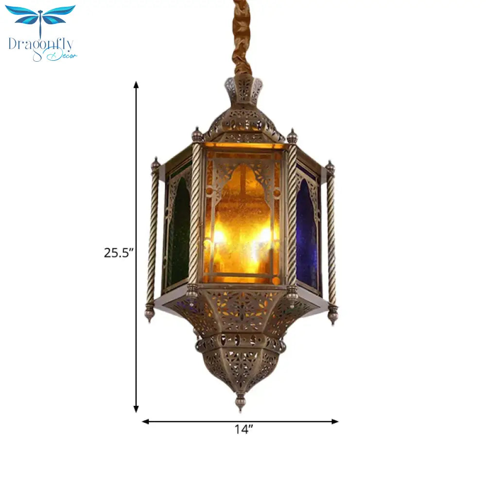 Stained Glass Brass Chandelier Lamp Lantern 3 - Head Ceiling Pendant Light For Restaurant