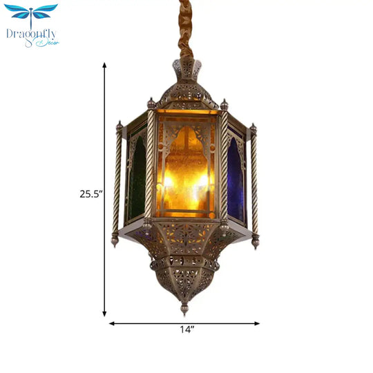 Stained Glass Brass Chandelier Lamp Lantern 3 - Head Ceiling Pendant Light For Restaurant