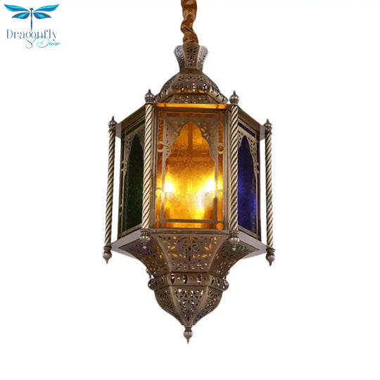 Stained Glass Brass Chandelier Lamp Lantern 3 - Head Ceiling Pendant Light For Restaurant