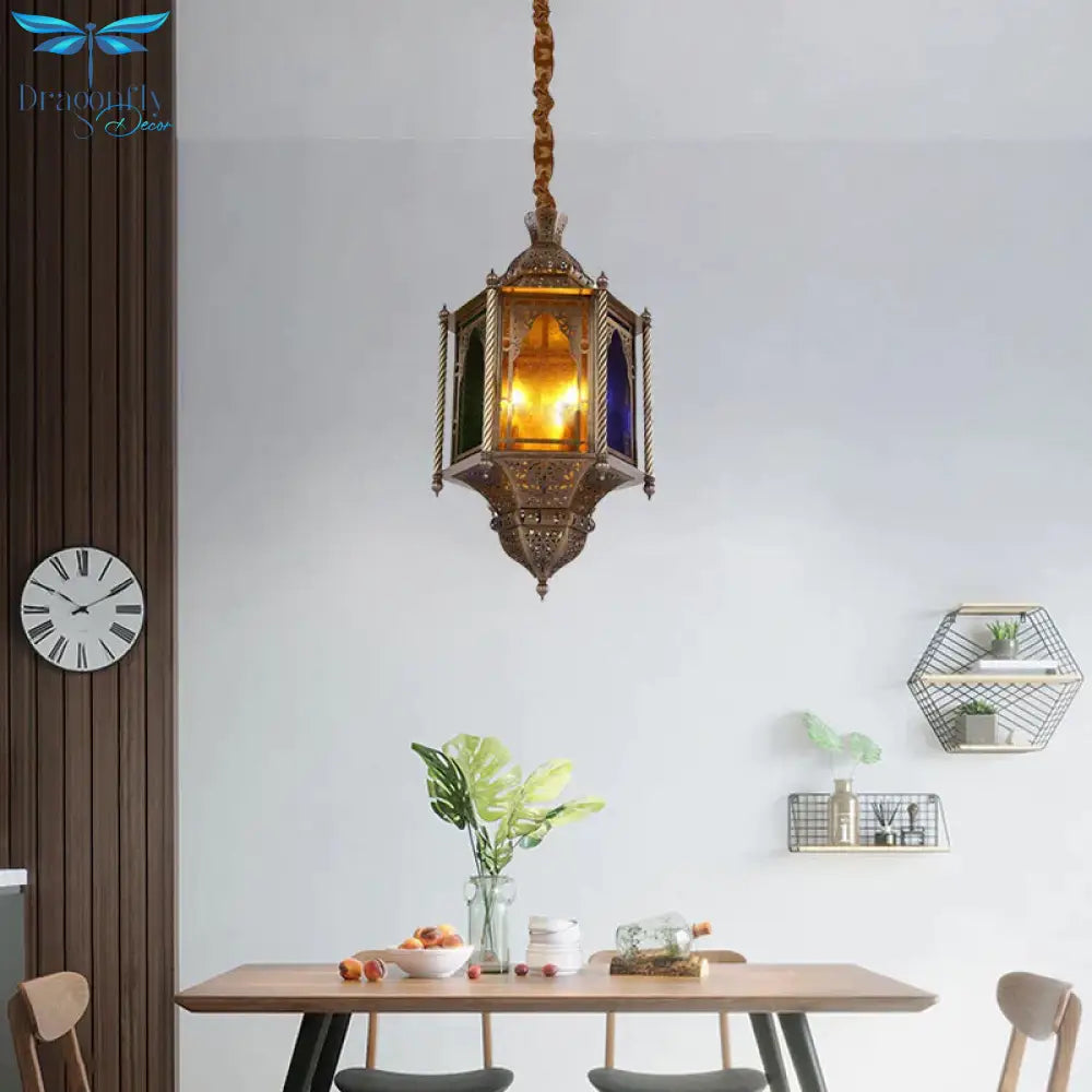 Stained Glass Brass Chandelier Lamp Lantern 3 - Head Ceiling Pendant Light For Restaurant
