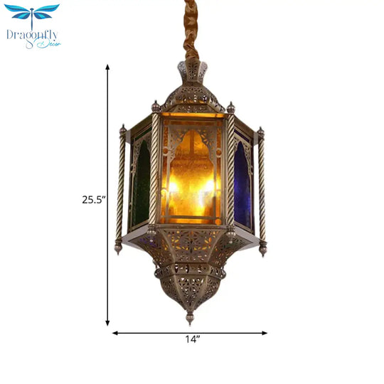 Stained Glass Brass Chandelier Lamp Lantern 3 - Head Ceiling Pendant Light For Restaurant