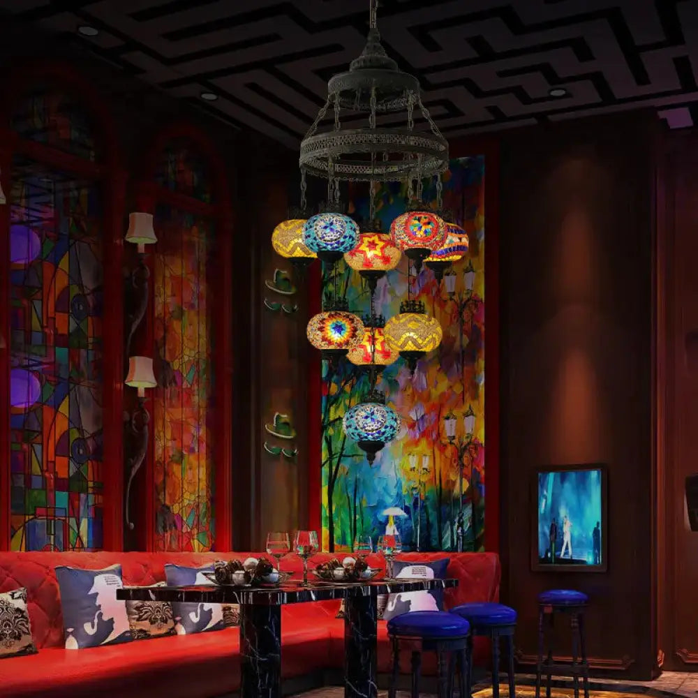 Stained Glass Lantern Pendant Lighting Bohemia Style 9 Bulbs Coffee House Ceiling Chandelier In