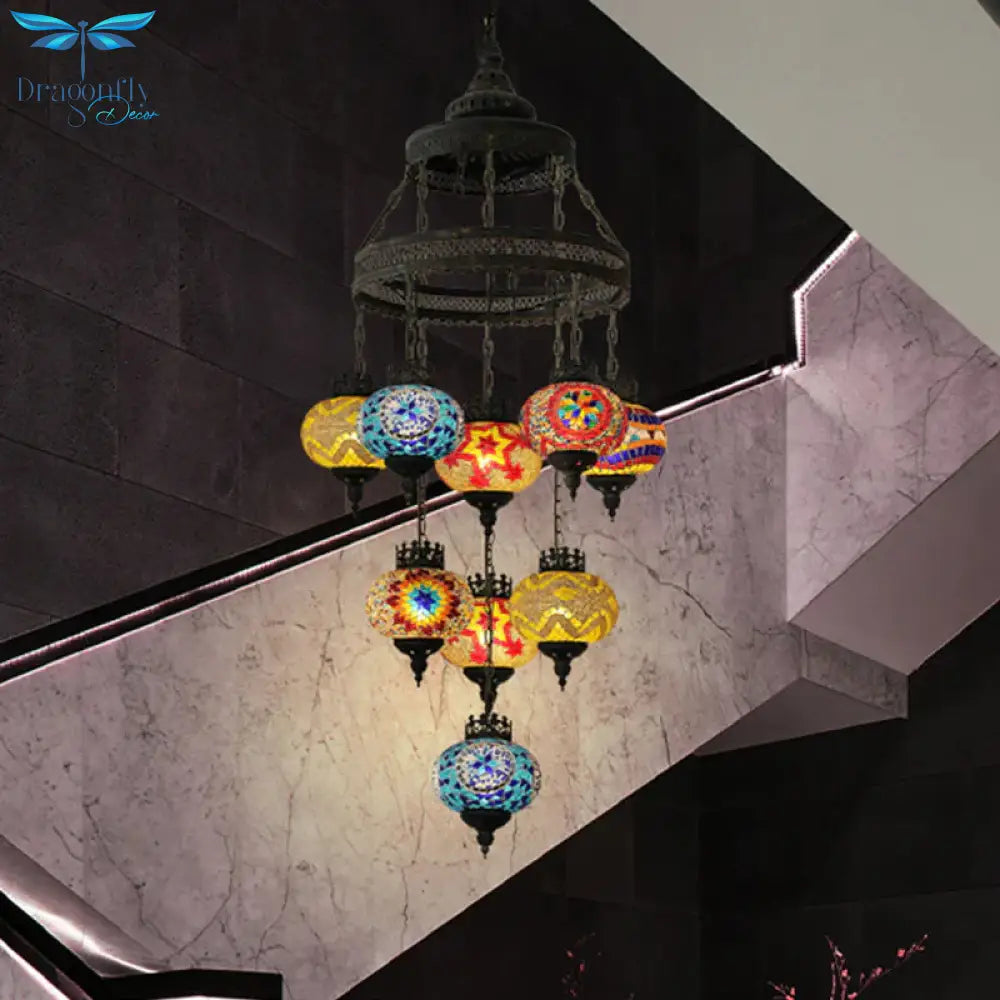 Stained Glass Lantern Pendant Lighting Bohemia Style 9 Bulbs Coffee House Ceiling Chandelier In
