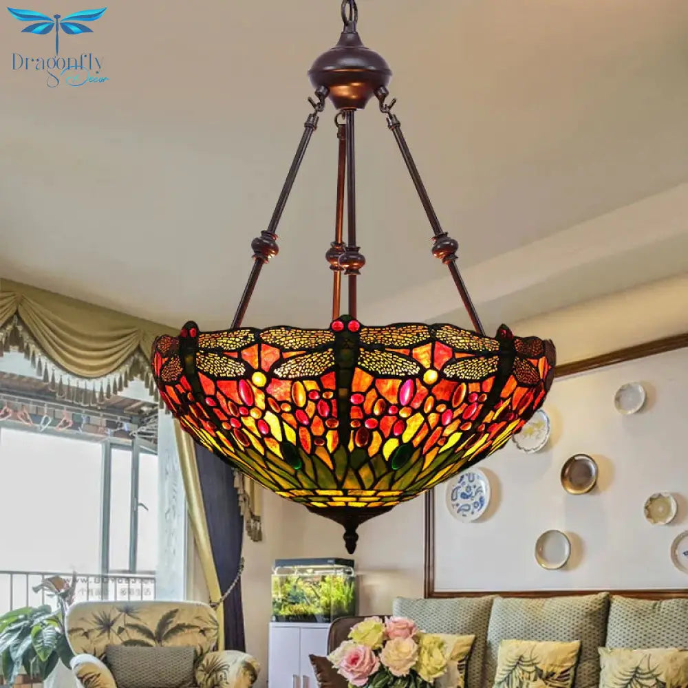 Stained Glass Red/Green/Purple Pendant Chandelier Dragonfly 2 Lights Mediterranean Suspension Lamp
