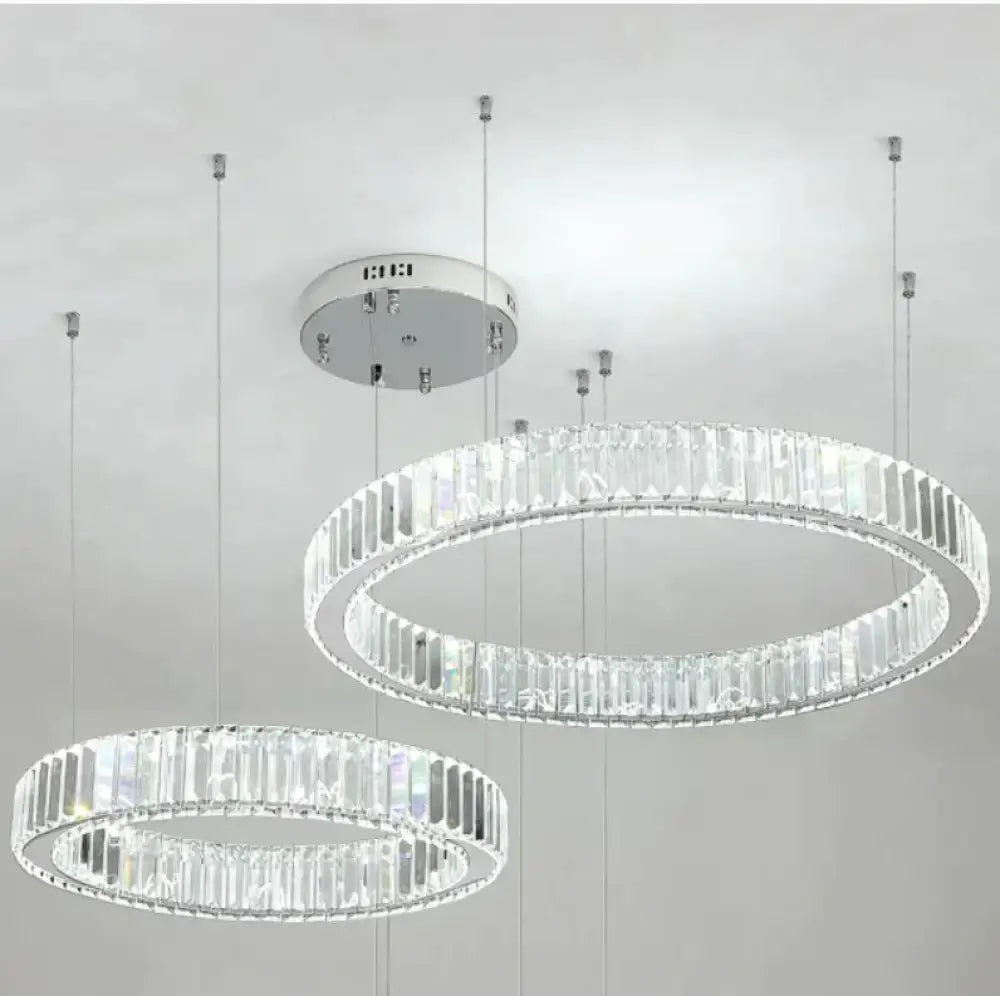 Stair Crystal Long Chandelier Rotating Ring Led Duplex Large A 20 + 40Cm / Stepless Dimming Pendant
