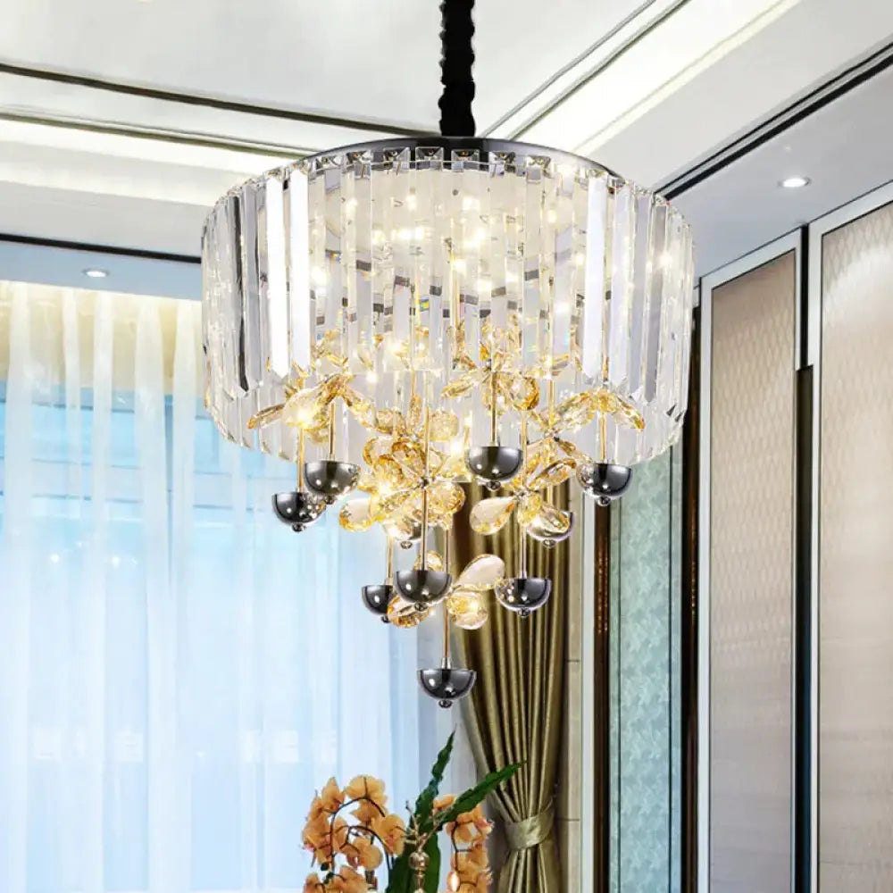 Strip Crystal Led Hanging Chandelier Contemporary Clear Drum Living Room Drop Lamp With Inner