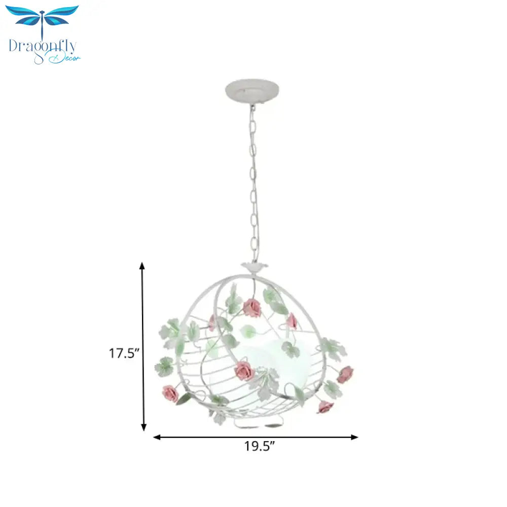 Swing Shaped Iron Hanging Lamp Korean Flower 2 Bulbs Dining Table Chandelier In Pink With Ball