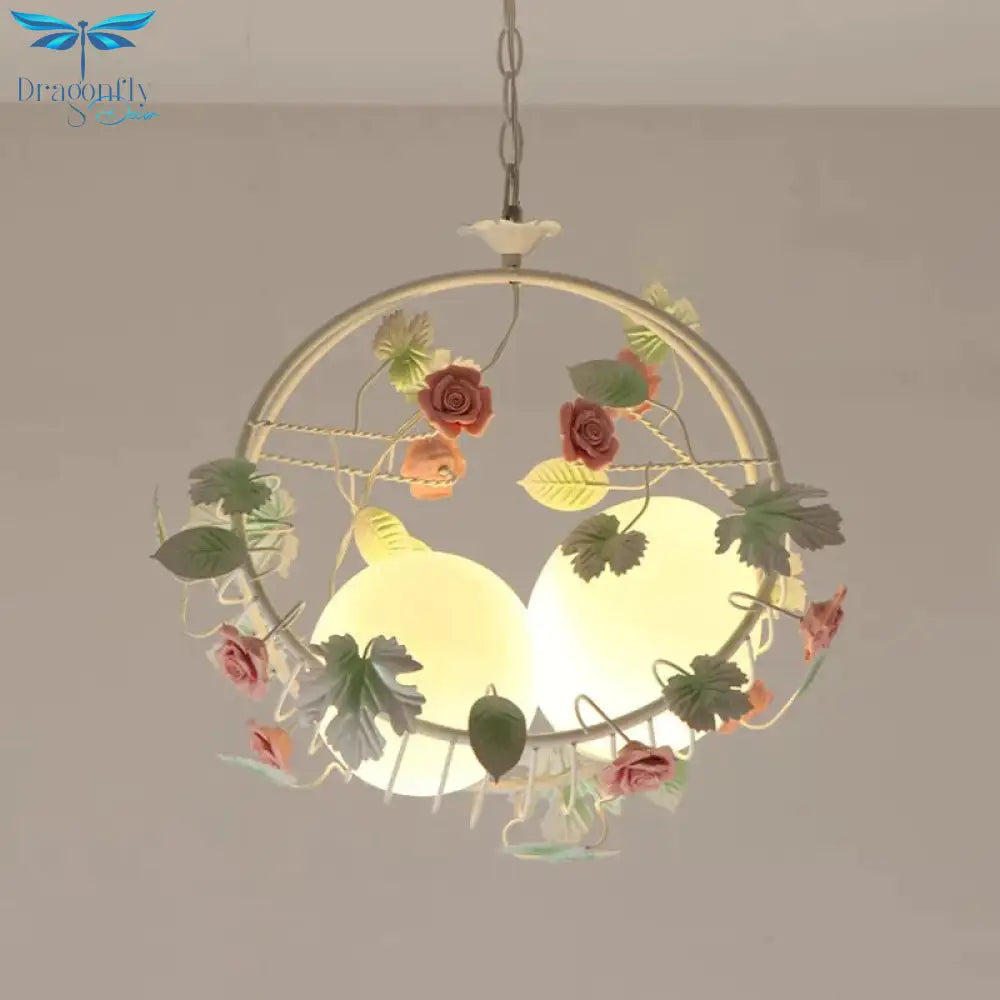 Swing Shaped Iron Hanging Lamp Korean Flower 2 Bulbs Dining Table Chandelier In Pink With Ball