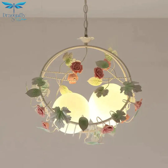 Swing Shaped Iron Hanging Lamp Korean Flower 2 Bulbs Dining Table Chandelier In Pink With Ball