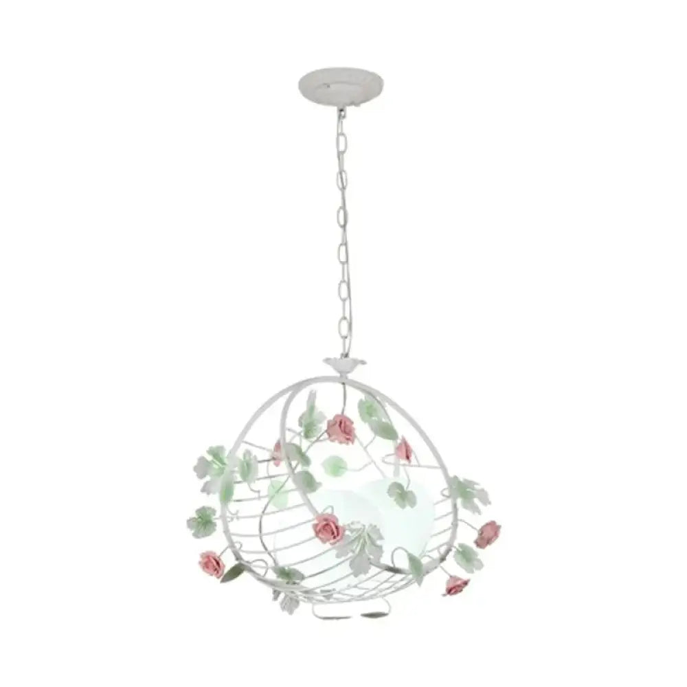 Swing Shaped Iron Hanging Lamp Korean Flower 2 Bulbs Dining Table Chandelier In Pink With Ball