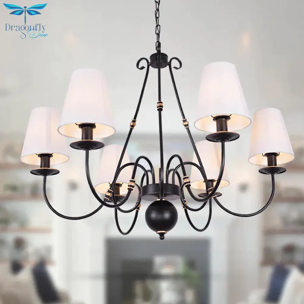 Swirled Arm Living Room Ceiling Chandelier Classic Fabric 3/4/6 Lights Black Hanging Fixture With