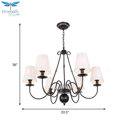 Swirled Arm Living Room Ceiling Chandelier Classic Fabric 3/4/6 Lights Black Hanging Fixture With