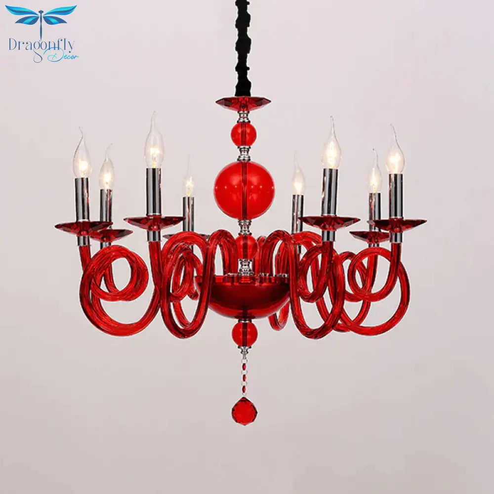 Swirling Arm White/Red/Blue Glass Ceiling Hanging Light In Chrome With Crystal Ball 12 Heads