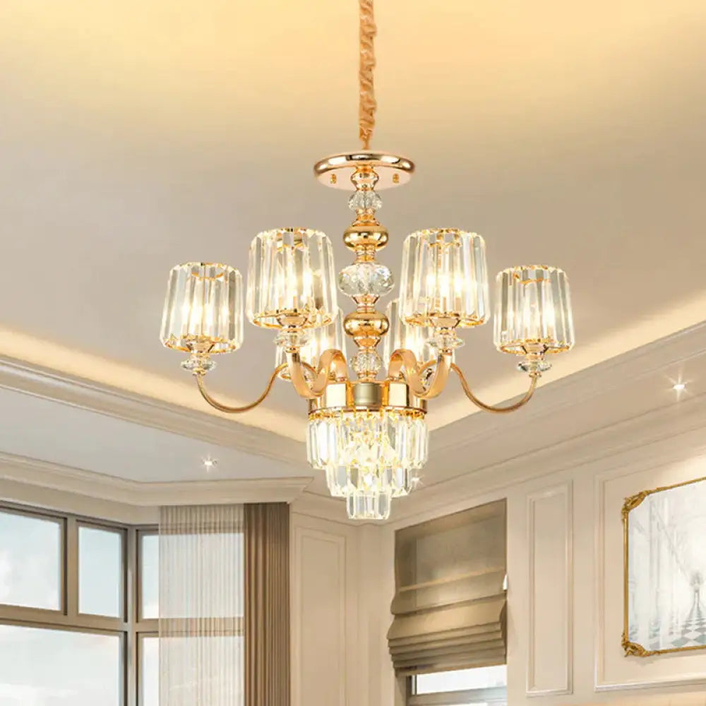 Swooping Arm Crystal Ceiling Lamp Traditionalist 6 Lights Bedroom Chandelier Light Fixture In Gold