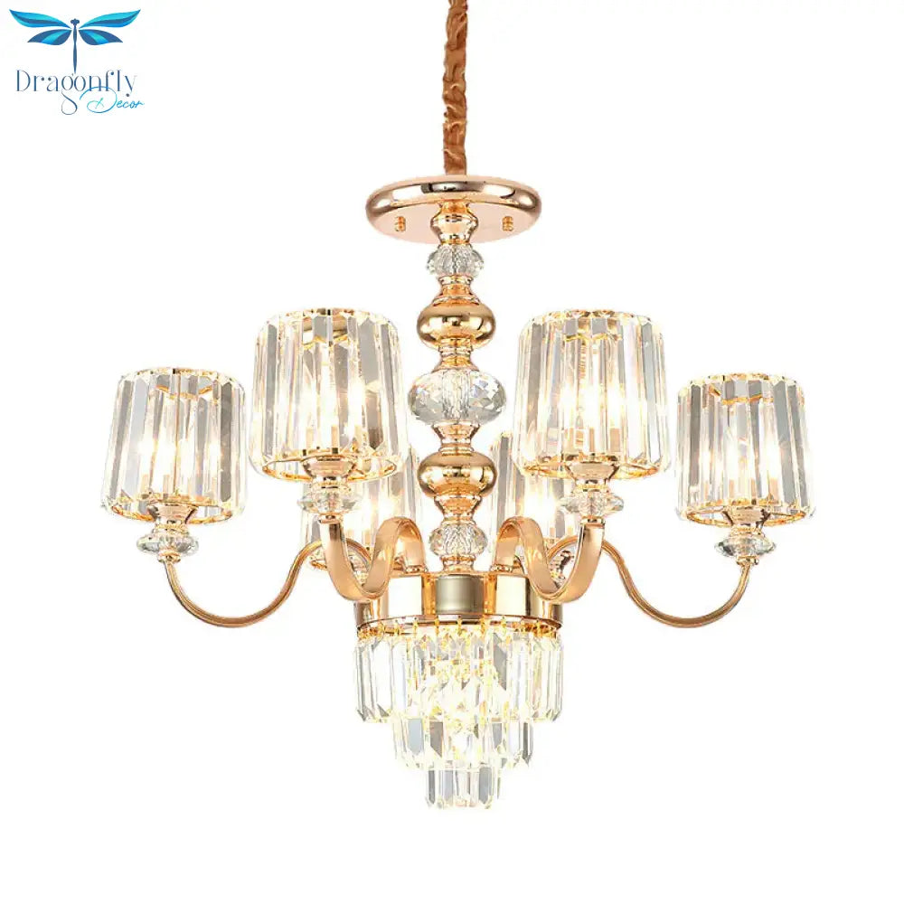 Swooping Arm Crystal Ceiling Lamp Traditionalist 6 Lights Bedroom Chandelier Light Fixture In Gold
