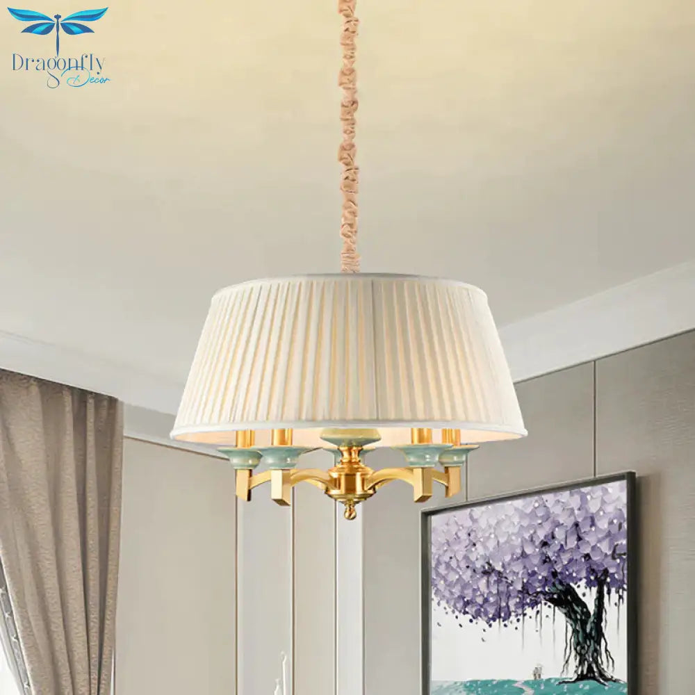 Tapered Drum Dining Room Chandelier Traditional Fabric 5 - Head Brass Finish Hanging Ceiling Light