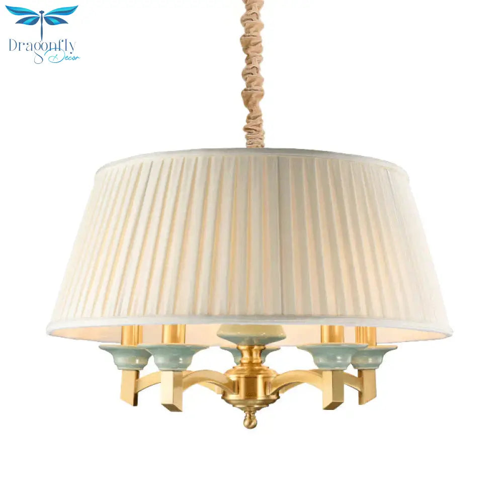 Tapered Drum Dining Room Chandelier Traditional Fabric 5 - Head Brass Finish Hanging Ceiling Light