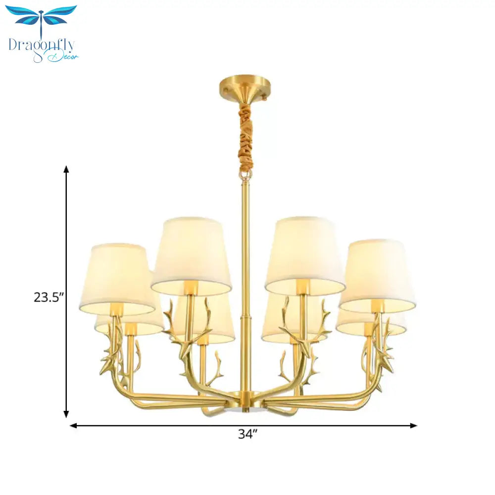 Tapered Fabric Chandelier Colonialism 3/6/8 Lights Living Room Pendant In Gold With Copper Deer Head