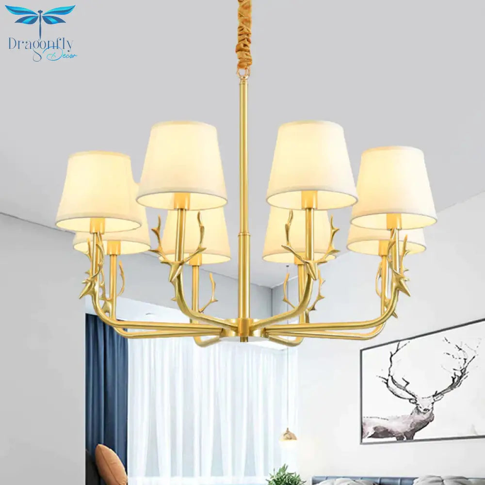 Tapered Fabric Chandelier Colonialism 3/6/8 Lights Living Room Pendant In Gold With Copper Deer Head